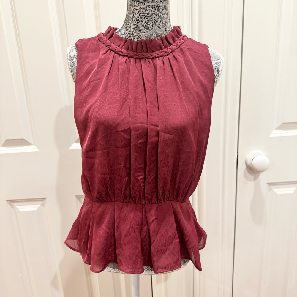 Sleeveless Burgundy Peplum Top with Braided Neckline Sz M Business Wear Preppy